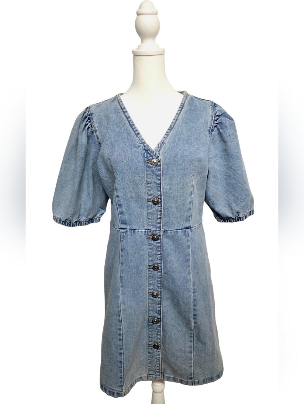 Pieces Gili Short Sleeve V-Neck Denim Mini Dress - Light Blue - Large